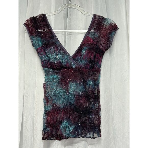VTG Eshak USA Crinkle Mesh Sequin Top Boho Whimsigoth Fairycore Y2K Festival M - Picture 1 of 6